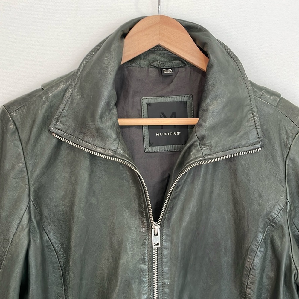 Mauritius Lambskin Leather Jacket Womens Size 12 Large Dark Grey Green Full Zip - Picture 3 of 15
